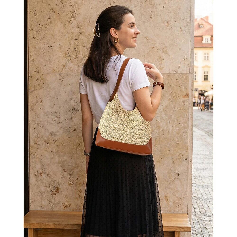 Woven Straw Hobo Tote Bag for Women Brown - Picture 8 of 8